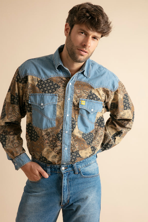 Men's Denim Shirt with Corduroy Print