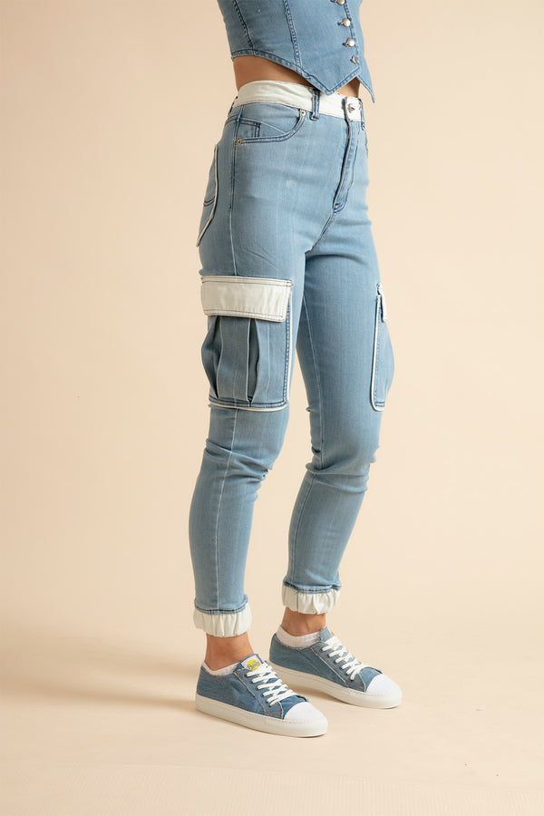 Women's cargo jeans with white leather and denim top