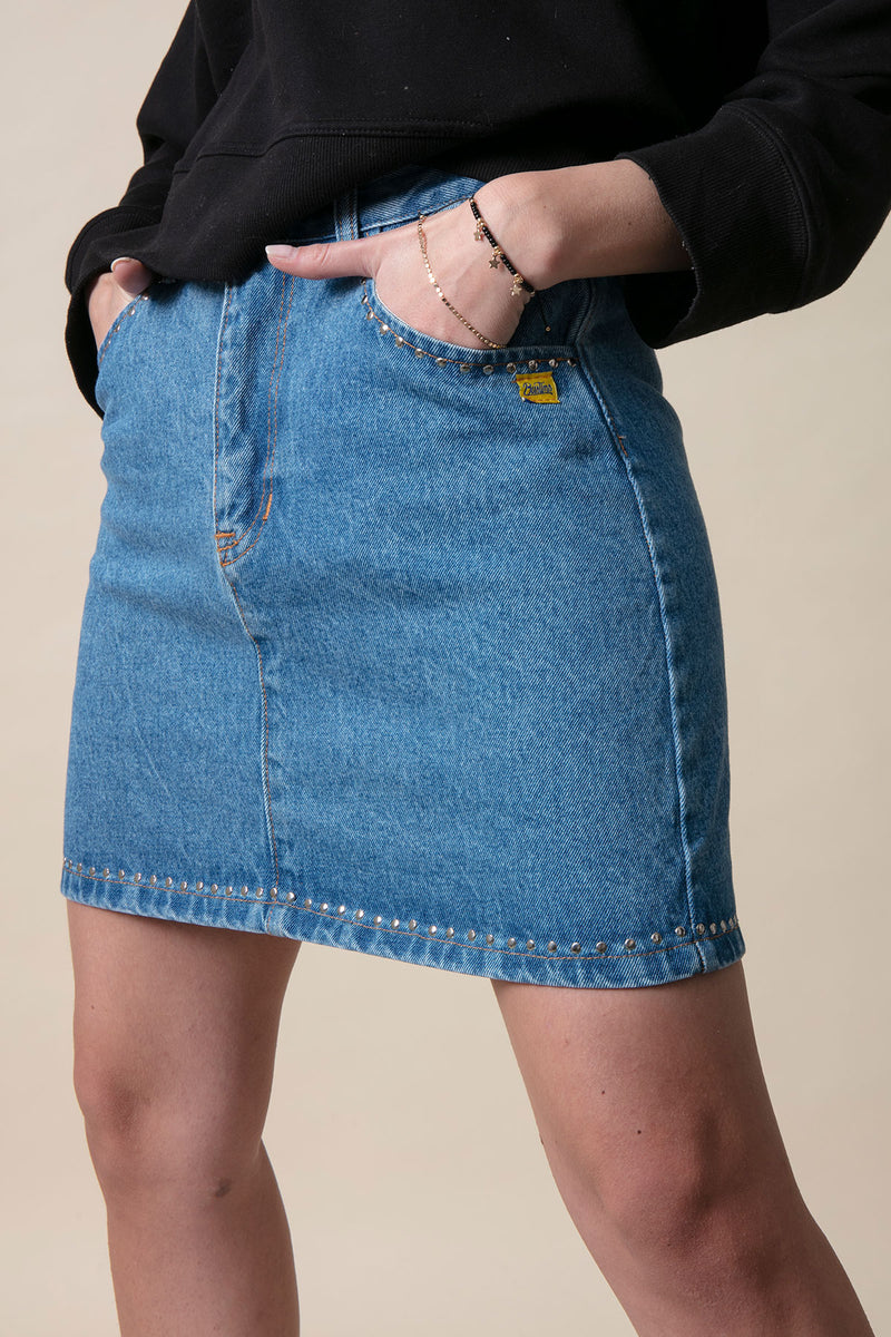 Detail of our denim skirt with studs