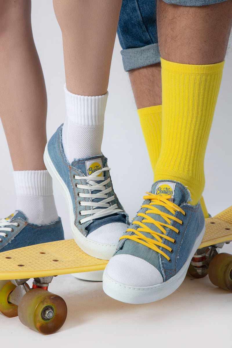 Men's and women's denim sneakers with white or yellow laces