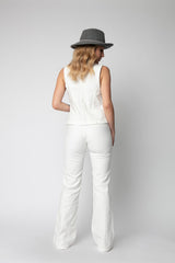 Women's white denim vest, fitted at the back