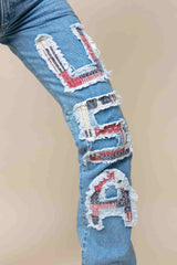 Word USA untucked in women's jeans